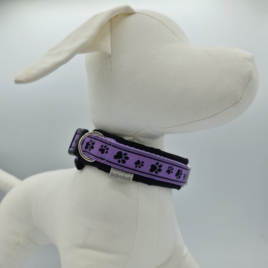 Halsband schwarz-lila mit Pfötchen, verstellbar & gepolstert